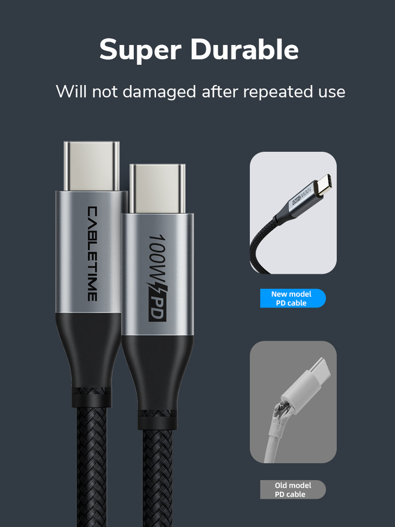 CABLETIME 100W USB Type-C to USB Type-C 2.0 Charger Cable with Super Durable braided wire