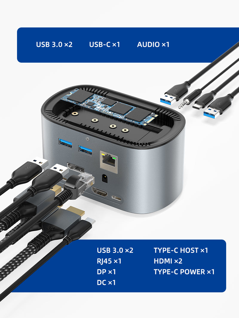 CABLETIME 13 In 1 Triple Monitor USB C Docking Station include PD port, DC port, DP port, two HDMI ports, SSD Reader, RJ45 port, 3.5mm audio port, four USB A 3.0 port, USB C Gen2 p
