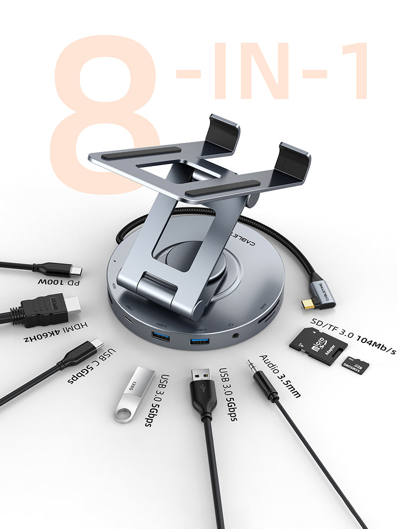 CABLETIME 8 IN 1 USB C Hub & Stand, 4K 60Hz HDMI port, two 5Gbps USB 3.0 ports, one 5Gbps USB C 3.0 port, an SD/TF card slot, a 100w USB C port, and 3.5MM audio port