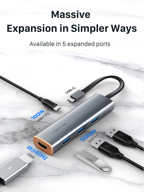CABLETIME Slim 5-In-1 USB Type-C To HDMI Multiport Adapter including HDMI, USB C port, three USB 3.0 A ports
