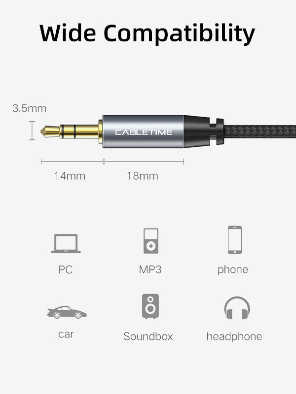 CABLETIME 3.5 MM Male To Male Stereo Audio Aux Cable for car Soundbox headphone PC MP3 phone