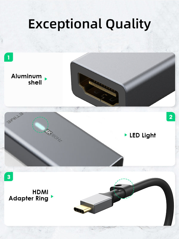 CABLETIME USB Type C Male To HDMI Female Adapter with Aluminum shell, LED Light, HDMI Adapter Ring