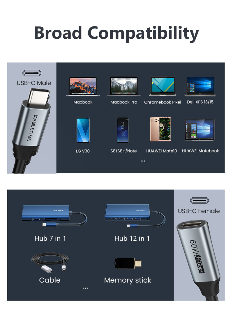 CABLETIME USB 3.0 Type C Male to Female Extension Cable Broad Compatibility
