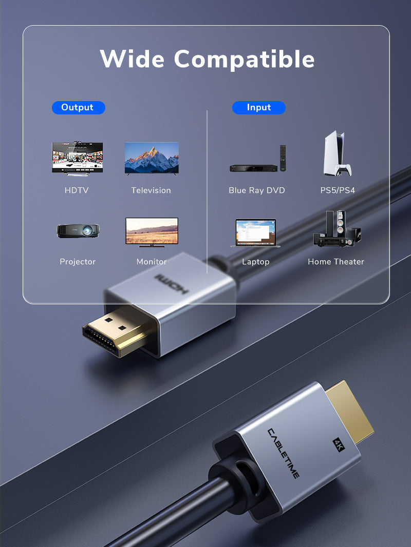CABLETIME Gold Plated HDMI 2.0 Cable 4k 60hz for PS4 TV Monitor Projector