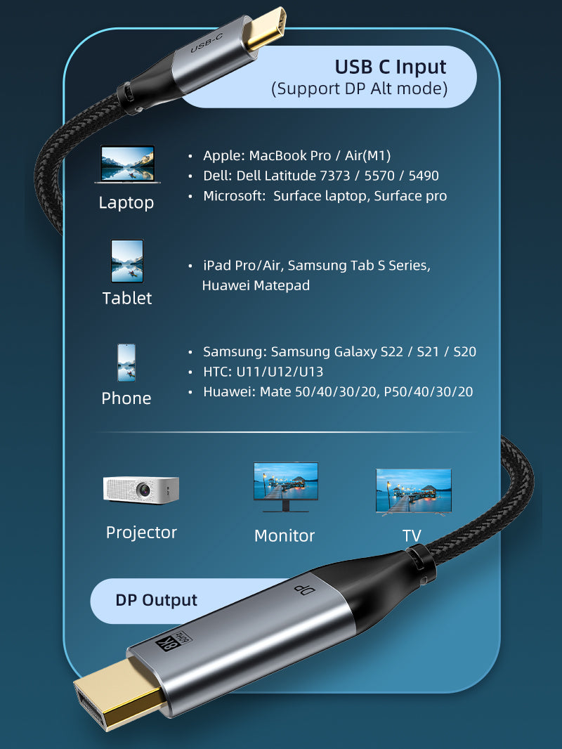 CABLETIME USB C to DisplayPort 1.4 Cable wide compatible for usb c device