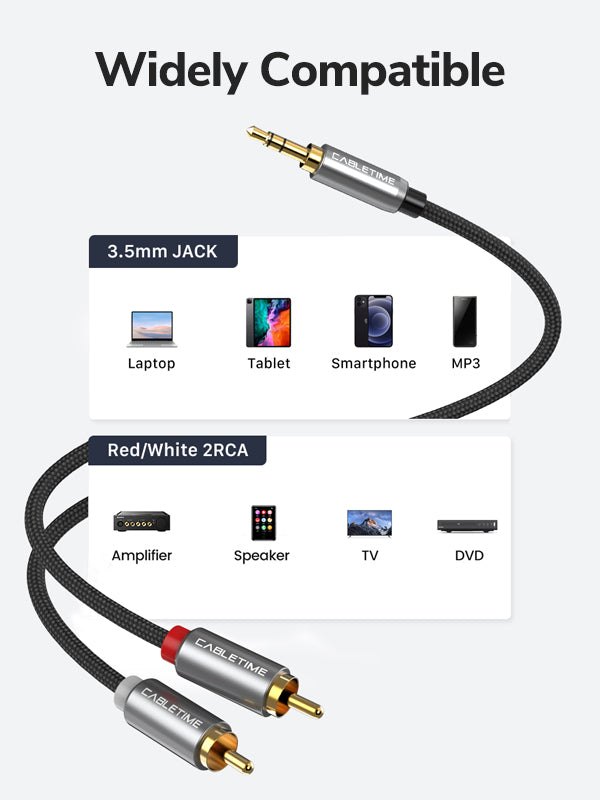 CABLETIME 3.5 MM Audio Jack to 2 RCA Audio Cable wide compatible