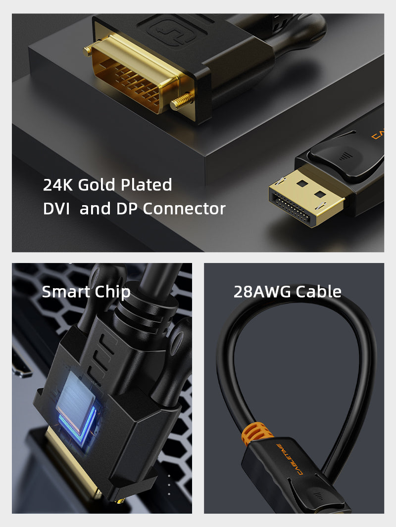 CABLETIME DisplayPort to DVI D Cable Cord details, 24K gold plated connector, smart chip