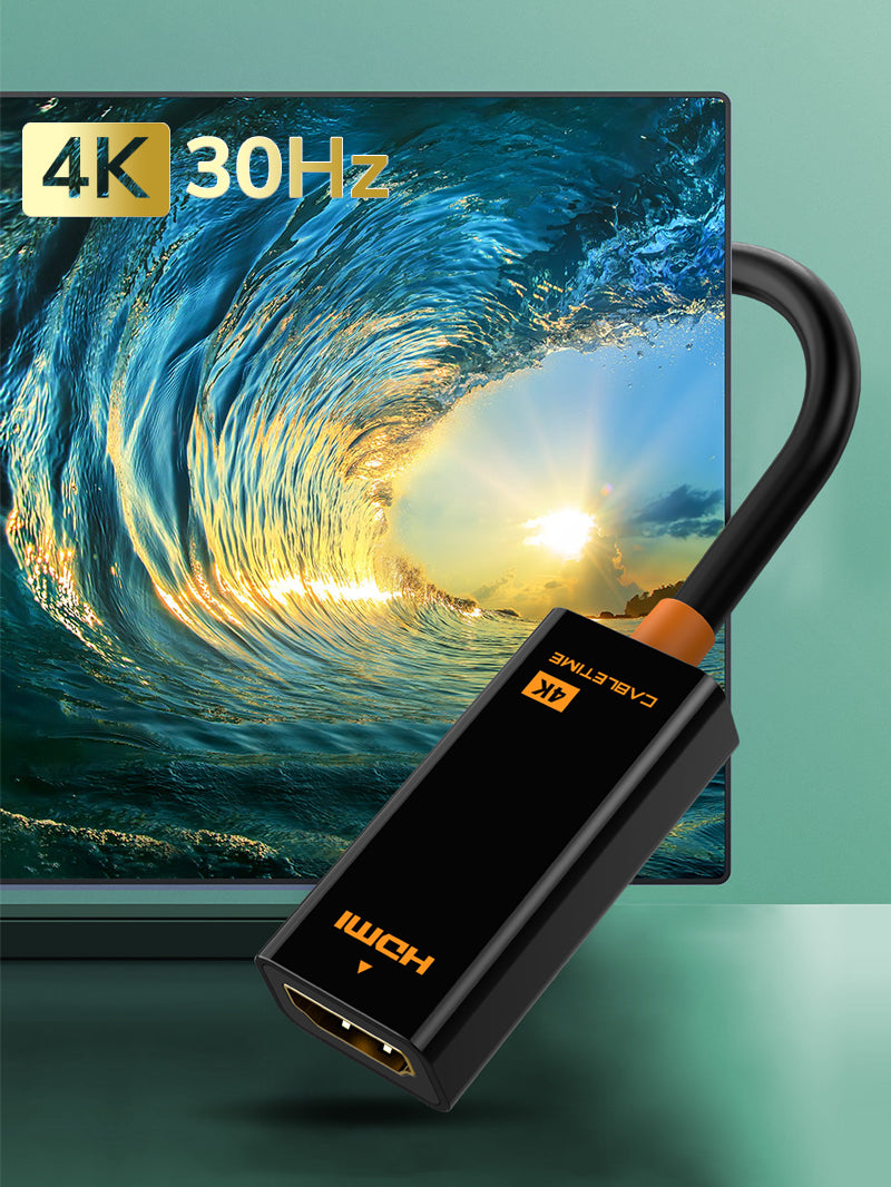 CABLETIME DisplayPort Male to HDMI Female Adaptor support 4K 30hz resolution