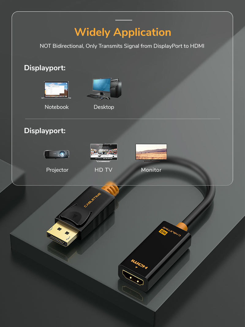 CABLETIME DP Male to HDMI Female Adaptor Converter for Projector HDTV Monitor