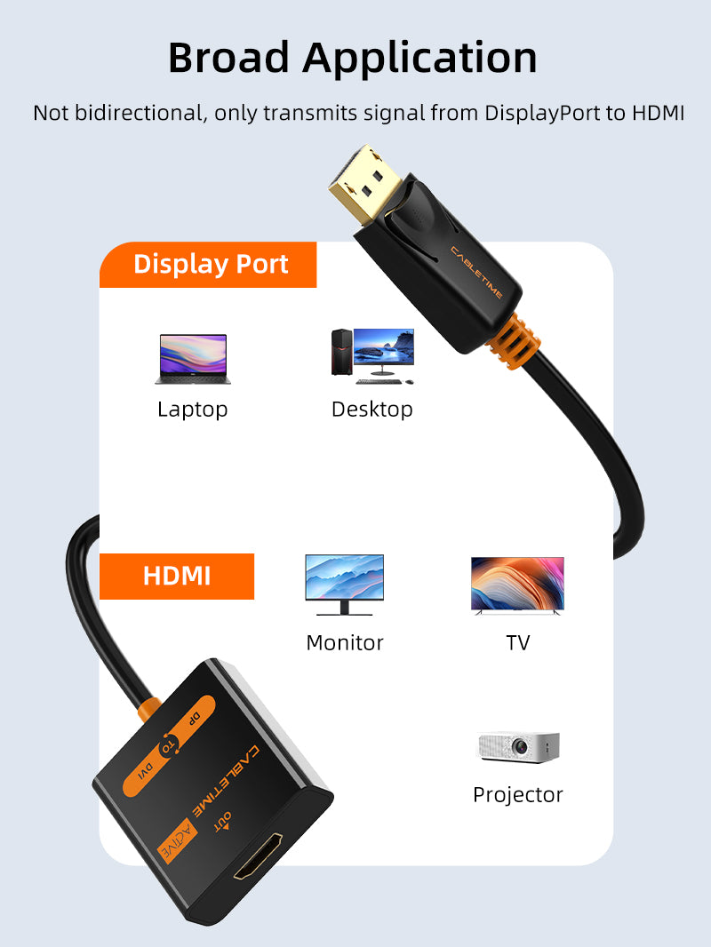 CABLETIME Active DP Male to HDMI Female Adapter Converter 4K 30Hz for Monitor TV projector