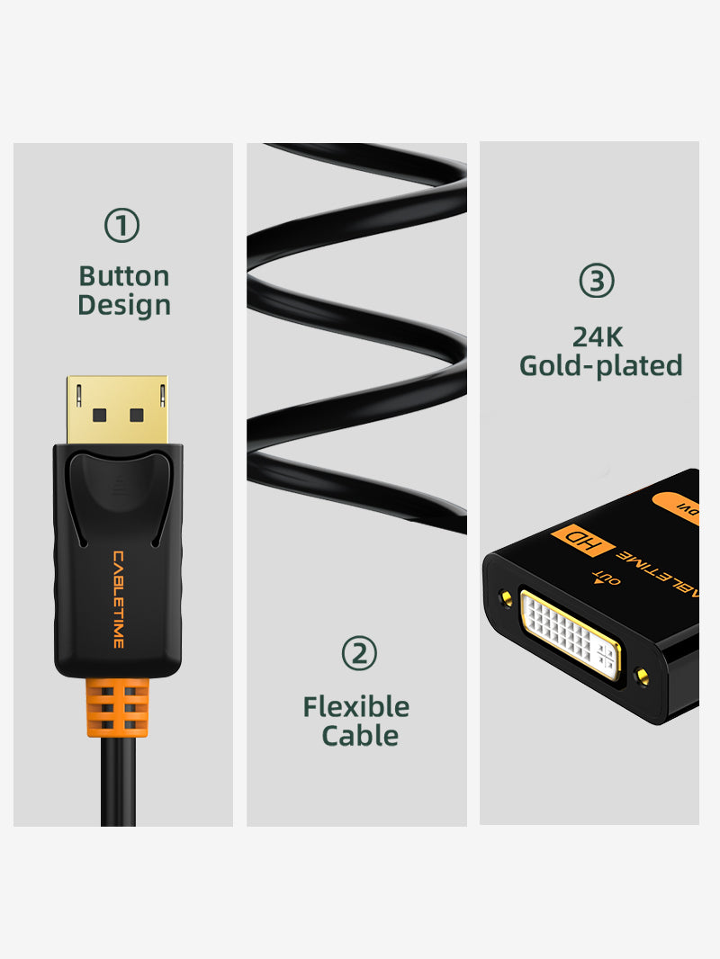 24K gold-plated CABLETIME DP to DVI Adapter Converter 1080P