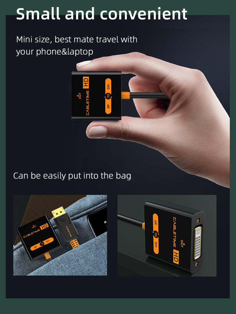 Small and convenient CABLETIME DP to DVI Adapter Converter 1080P