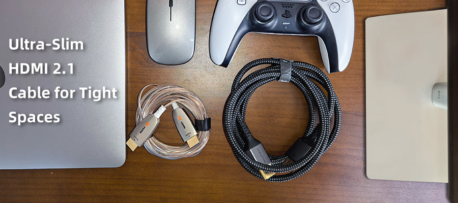 Standard HDMI cables can be bulky in tight spaces. An ultra-slim AOC HDMI cable is designed for cleaner routing without giving up HDMI 2.1 bandwidth.