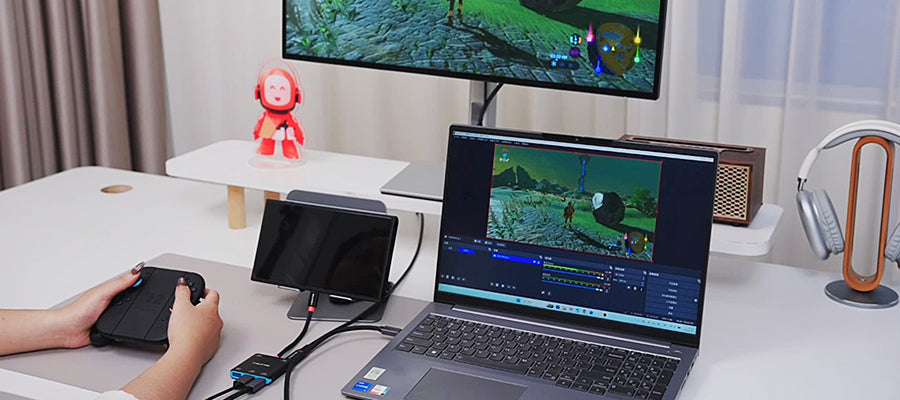 Nintendo Switch 2 connected to TV and laptop through CABLETIME 5-in-1 Hub Capture Card