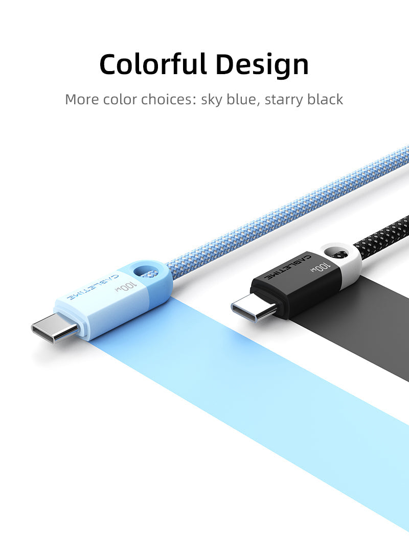Blue and black color options for CABLETIME 100W USB-C braided cable