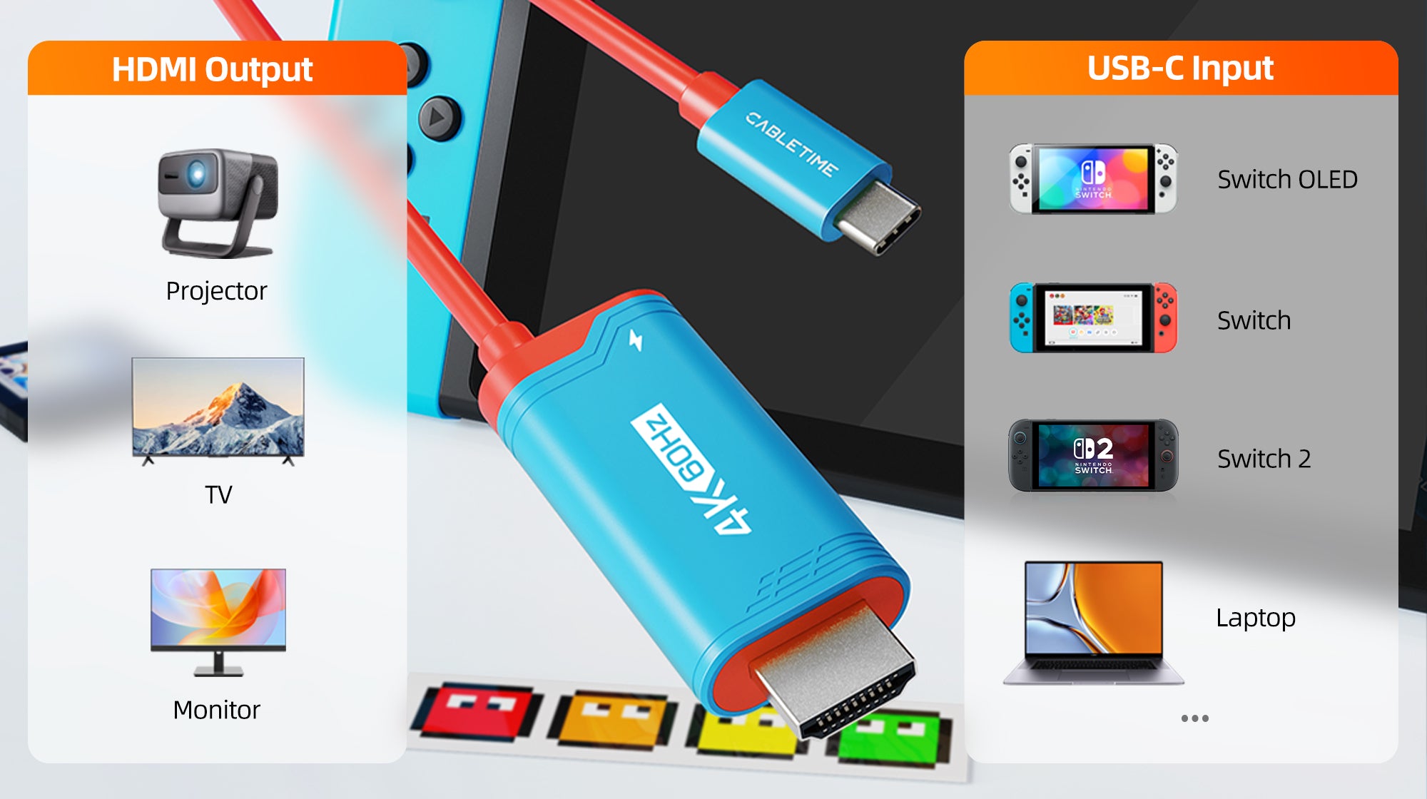 Cabletime 4K60Hz USB-C to HDMI adapter compatible with Switch OLED, Switch, Switch 2, laptops, projectors, TVs, and monitors