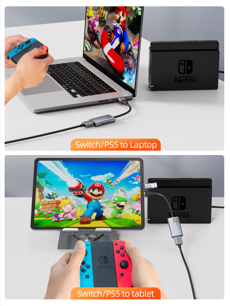 Easily connect your Nintendo Switch to your laptop using an HDMI capture card. 