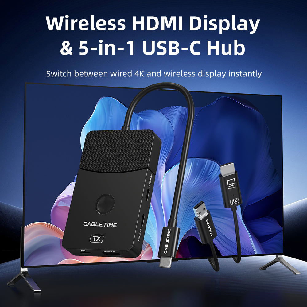 2-i-1 trådløs HDMI-sendermodtager & USB-C Hub | Screen Mirroring Adapter med 4K60Hz HDMI-udgang og 100W PD-opladning