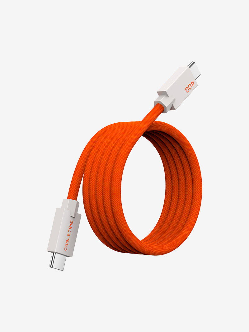 Orange coiled magnetic USB-C to USB-C charging cable with white connectors, supporting 240W USB4 fast charging and high-speed data transfer