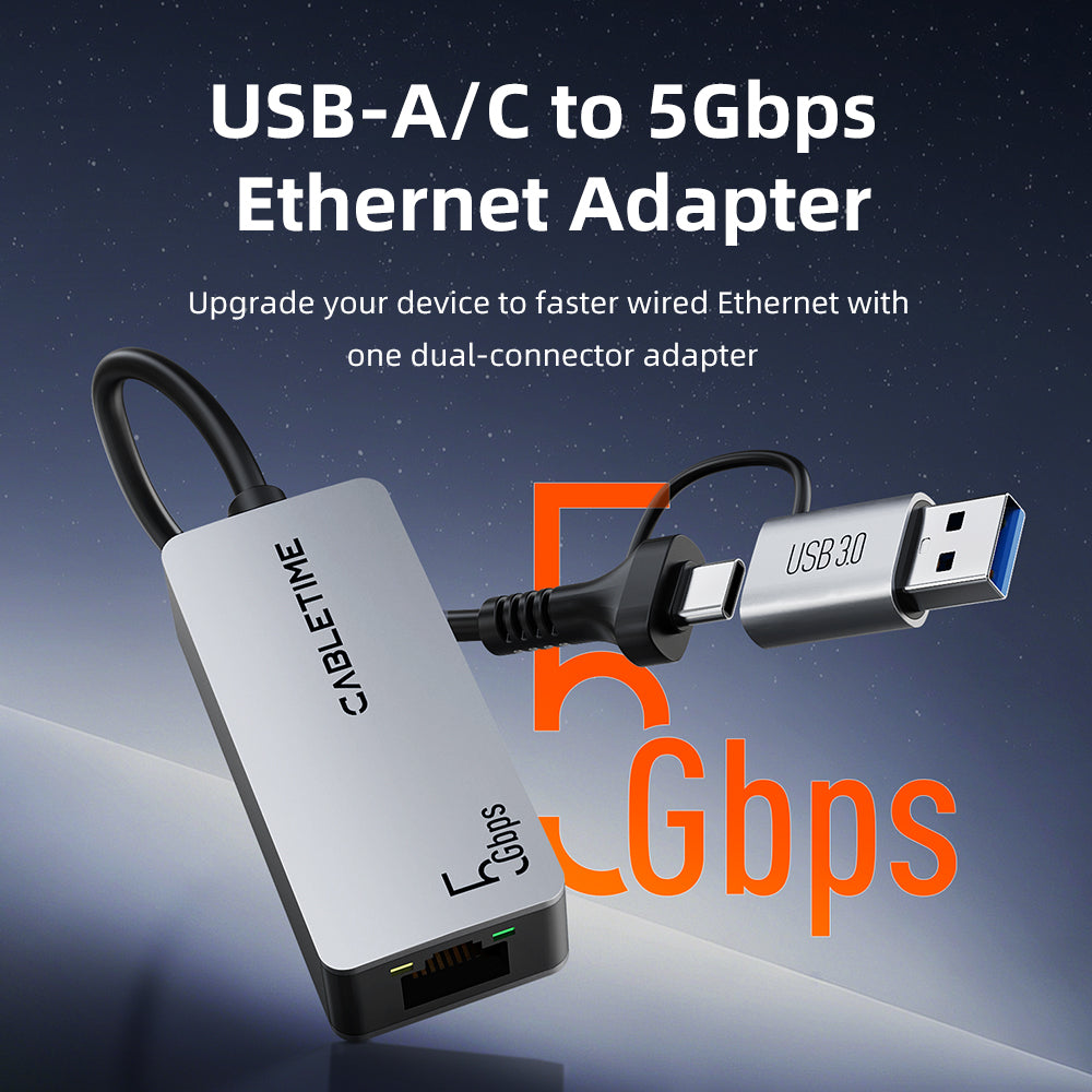 USB-C/A to 5GbE Ethernet Adapter – Dual USB 3.0 to RJ45 Network Adapter