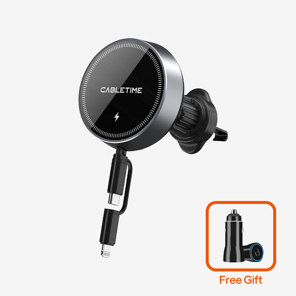 2 IN 1 Magnetic Wireless Car Charger with Retractable Cable