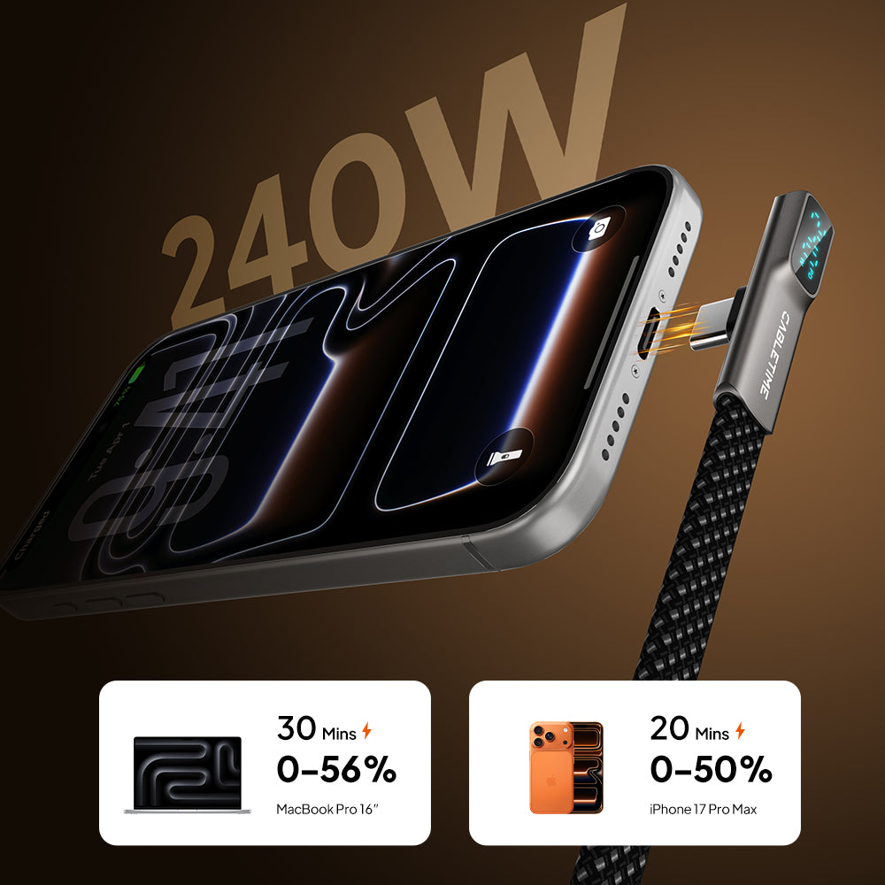 90° Right Angle 240W USB-C Cable with Digital Display, 1.2m