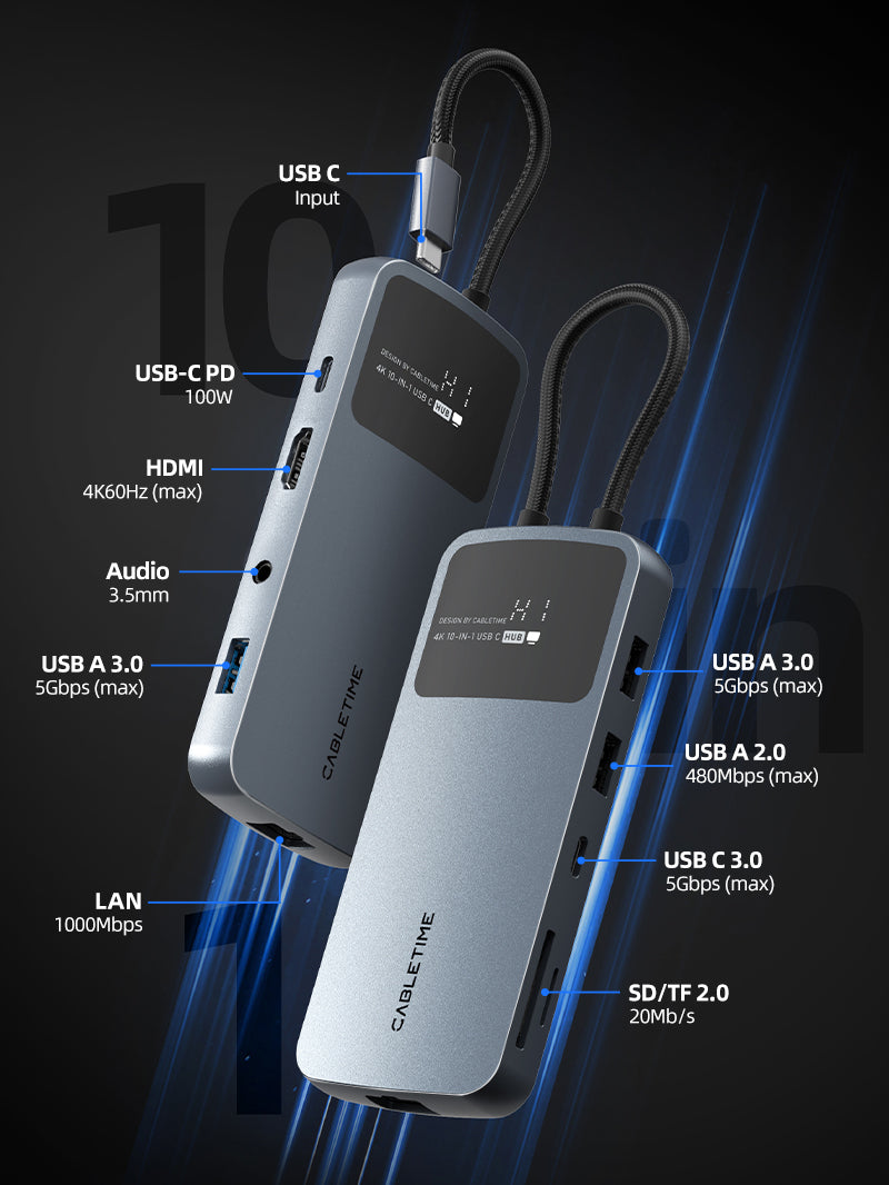 10 IN 1 USB C Hub Multiport Adapter med 4K60Hz HDMI Ethernet