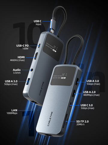 Adaptor Multiport USB C Hub 10 IN 1, dengan Ethernet HDMI 4K60Hz