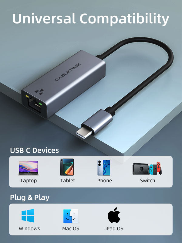 CABLETIME Thunderbolt 3 USB C to Rj45 Ethernet Adapter for Laptop T ablet Phone Switch