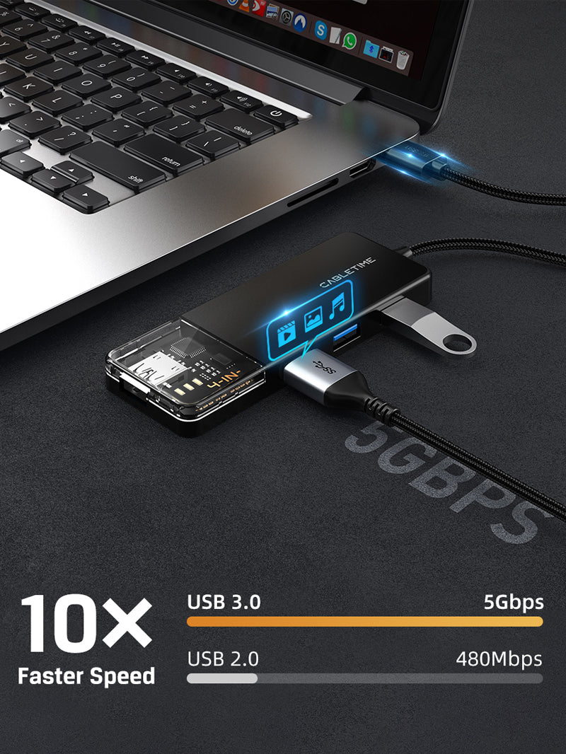 CABLETIME 4 port USB A 3.0 hub superspeed 5Gbps with Power Supply