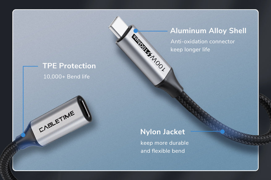 USB C 3.1 male to female extension cable for docking station feature aluminum alloy shell , nylon jacket
