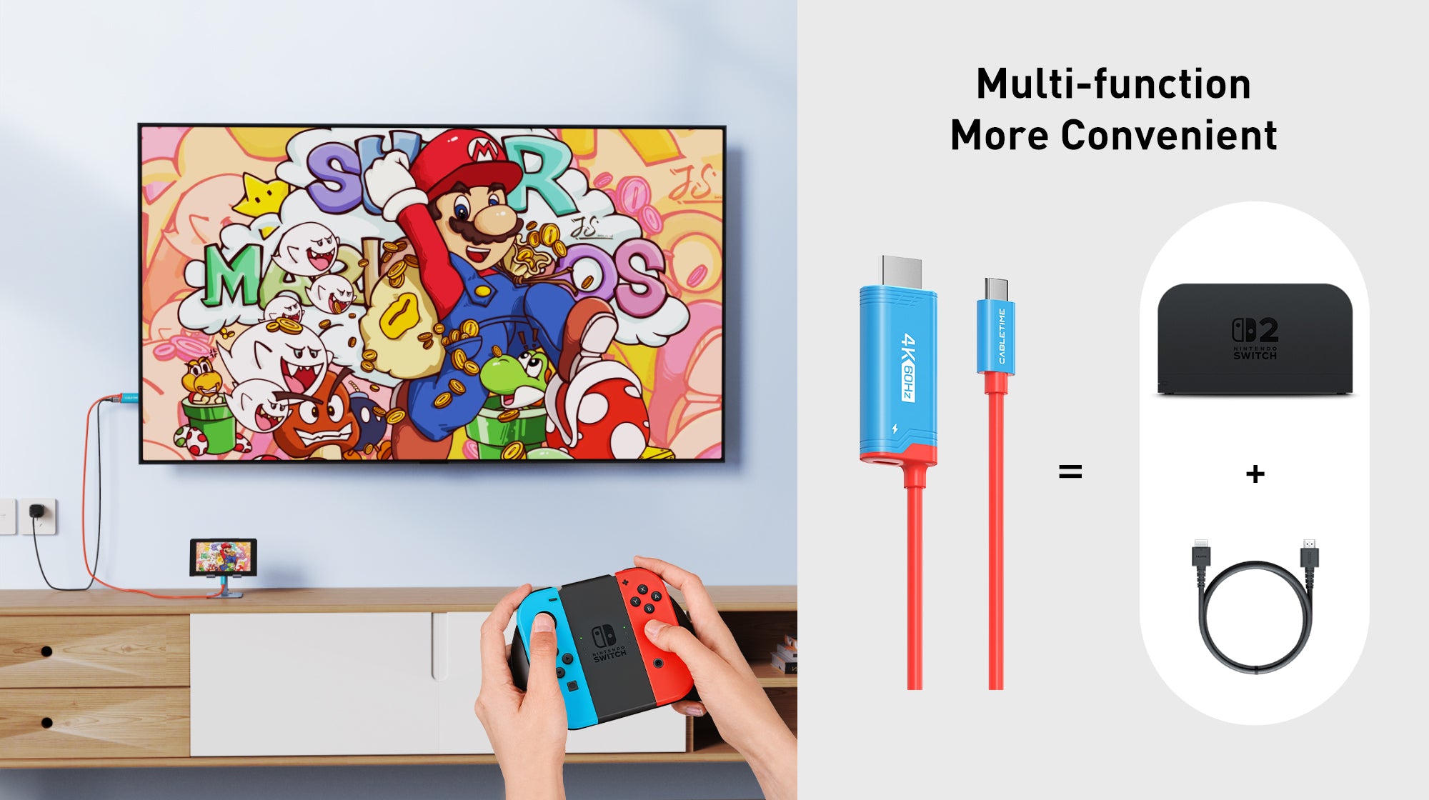 Cabletime 4K60Hz USB-C to HDMI Mini Dock Cable connecting Nintendo Switch to TV with comparison to traditional dock and HDMI cable

