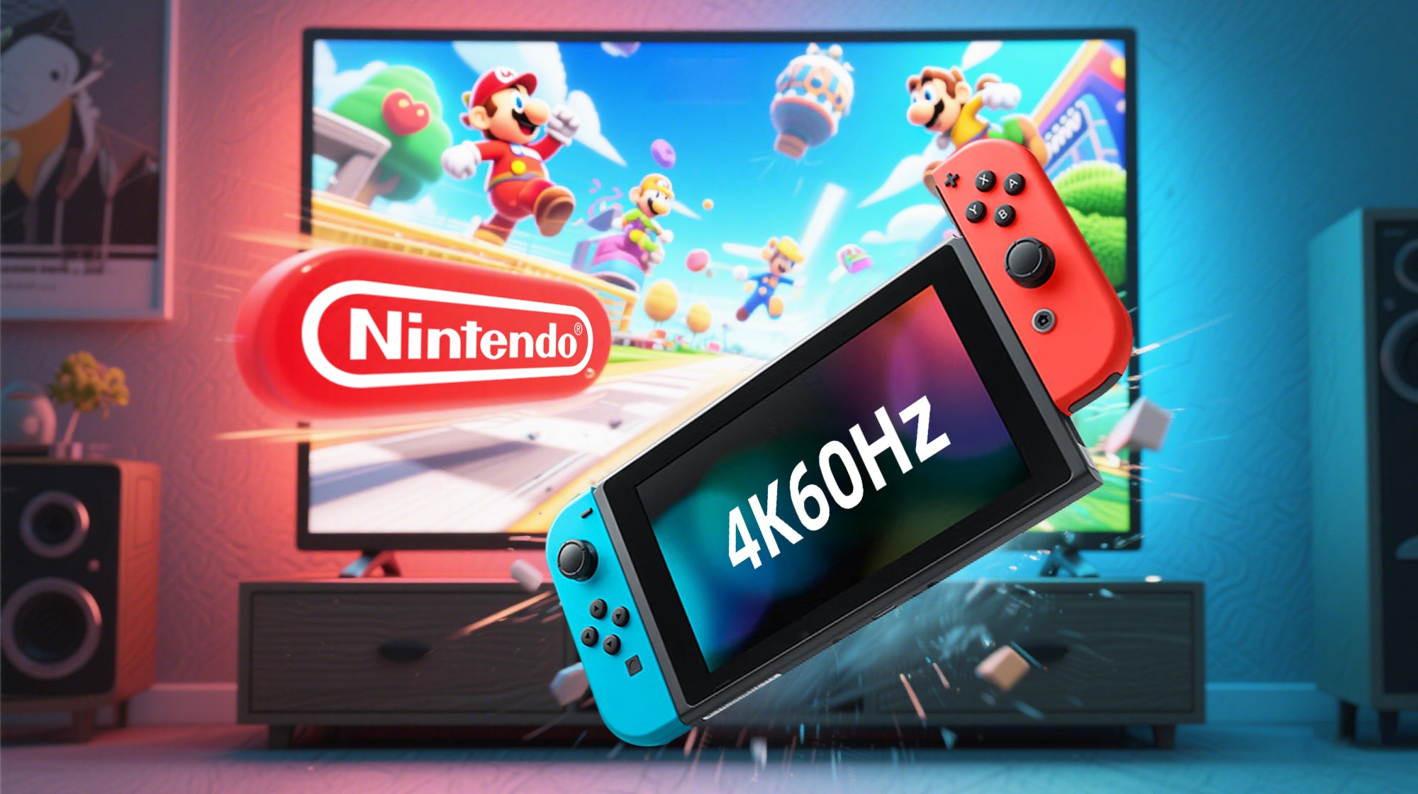 Nintendo Switch console with 4K60Hz display in front of TV showing Mario Kart gameplay
