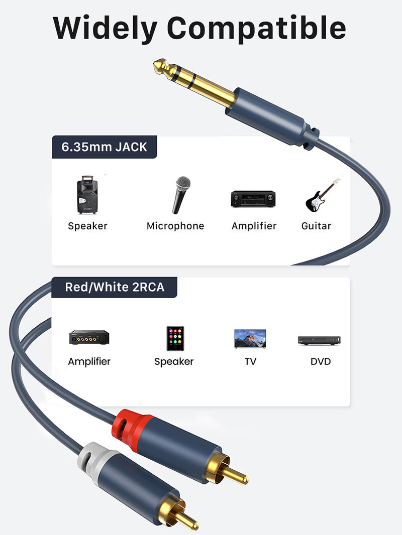 Bulk 1/4 inch (6.35mm) Stereo Jacket to Dual RCA Audio Y Cable 
