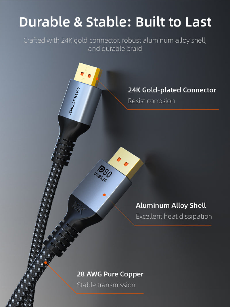 CABLETIME DisplayPort 2.1 durable aluminum connectors and braided cable