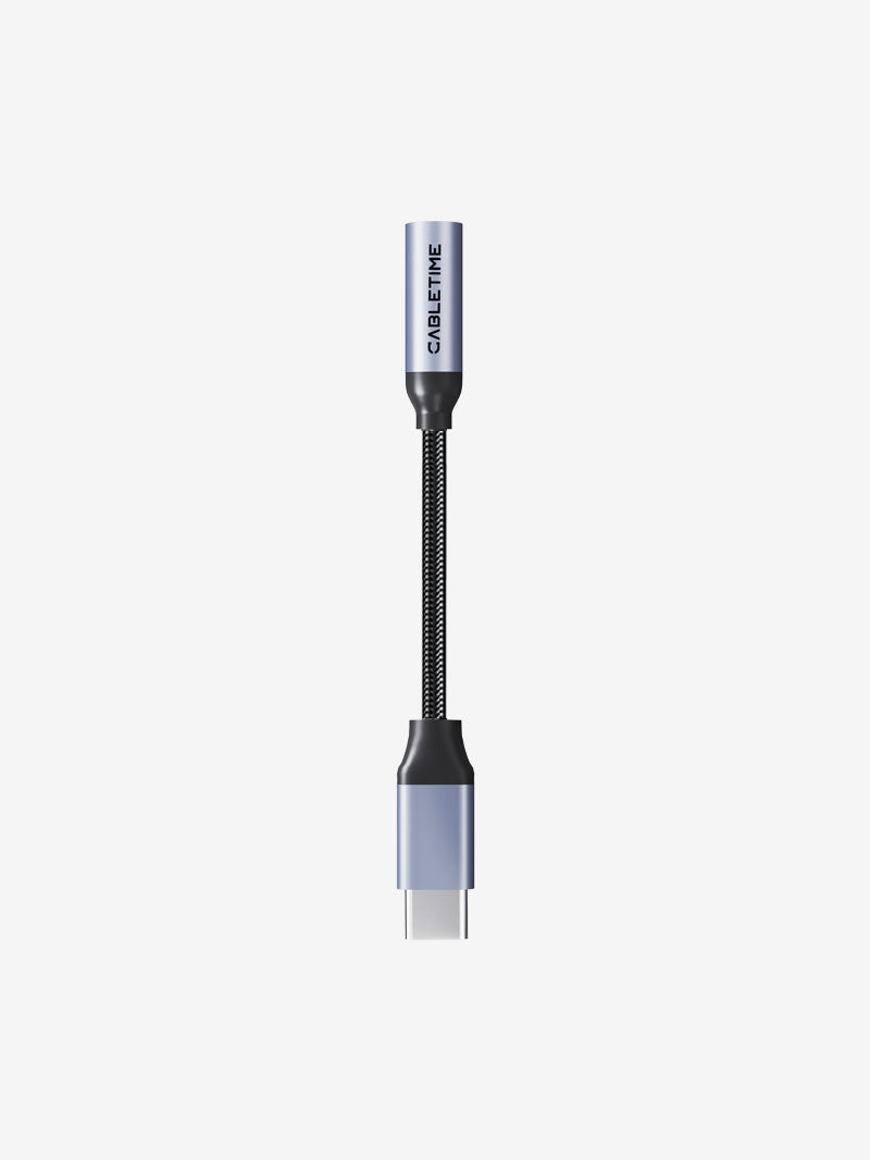 Cabletime USB-C to 3.5mm AUX jack adapter – braided cable with aluminum housing for high-fidelity audio on smartphones, tablets, and laptops.