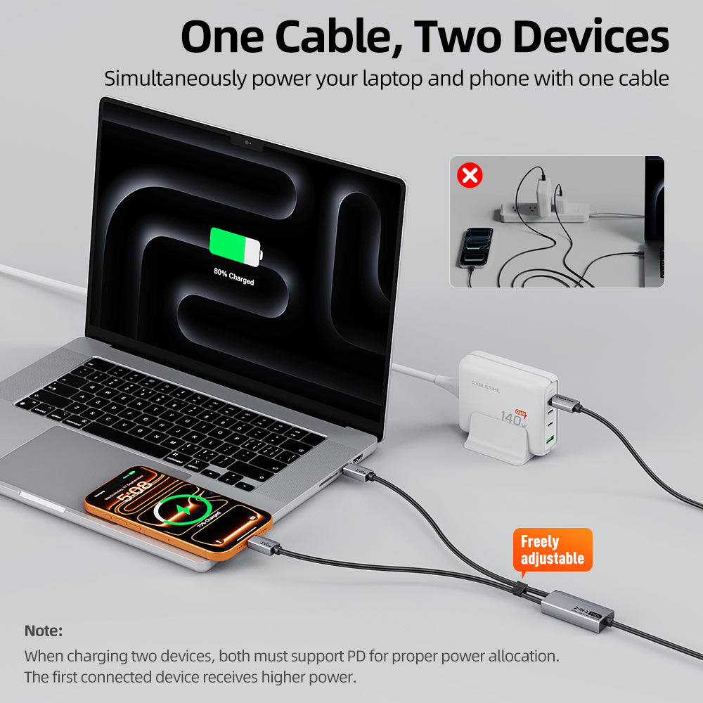 2-i-1 140W USB-C til dobbelt USB-C-kabel til MacBook Pro, iPad, iPhone 17 (1,5 m)