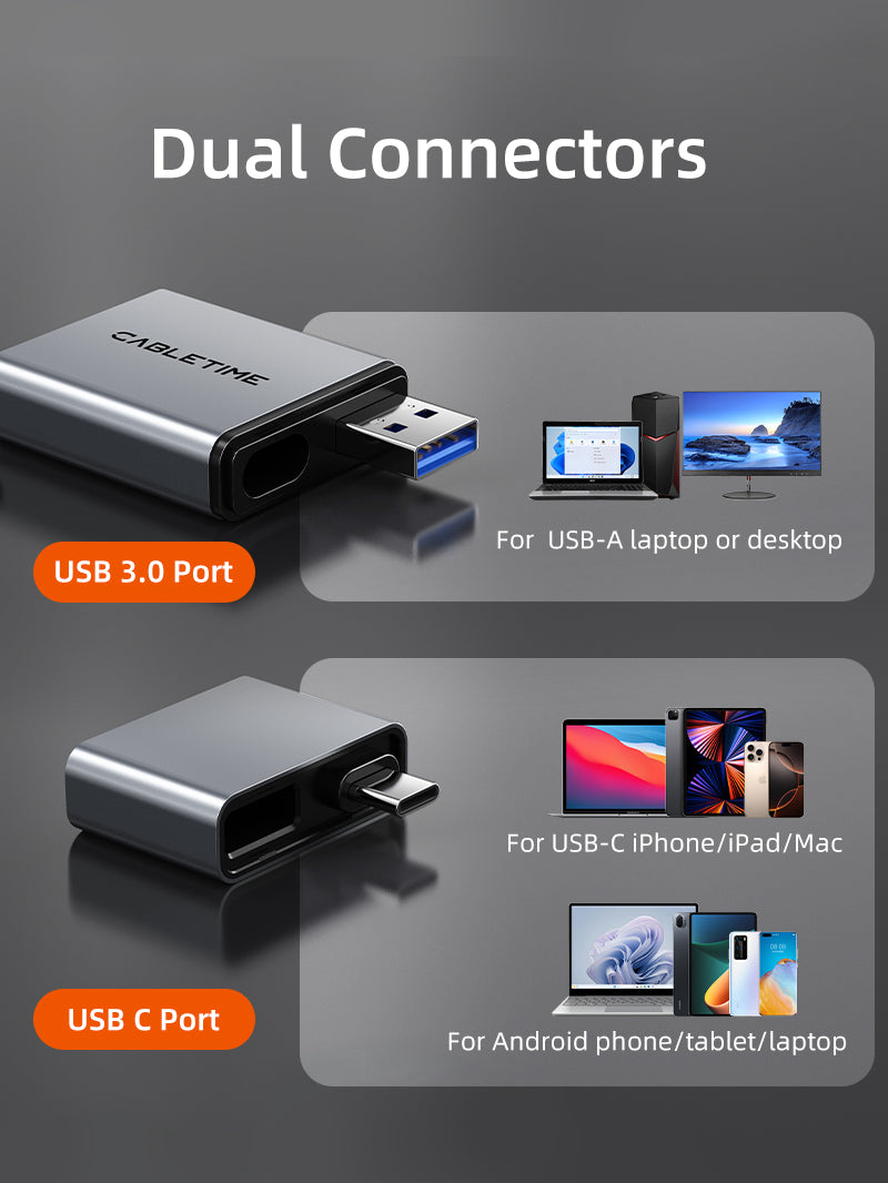 3-in-1 USB Card Reader with USB A 3.0 and USB C port