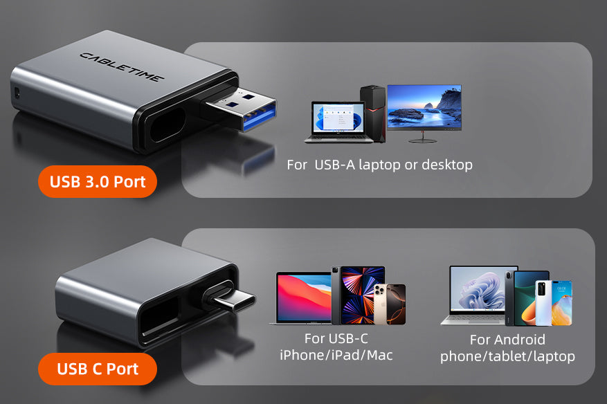 With both USB-A and USB-C connectors, this USB A USB Type C card reader bridges the gap between old and new devices