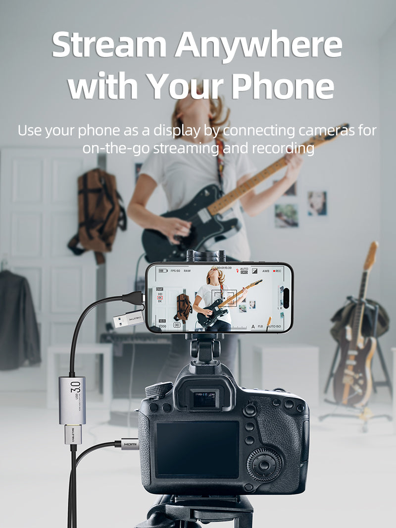HDMI to USB/Type C 3.0 video capture card use your phone as a display by connecting cameras for on-the-go streaming and recording.