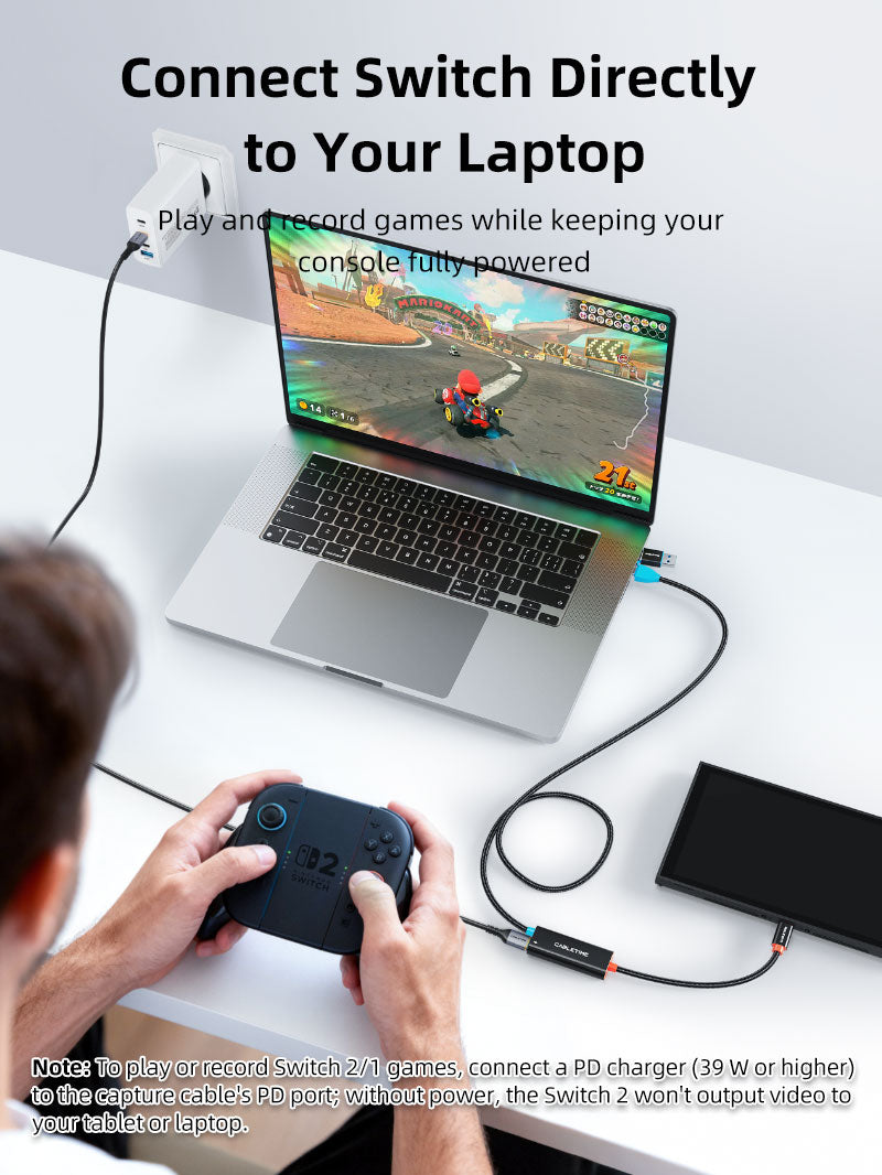 CABLETIME capture card connecting Nintendo Switch 2 to a laptop or tablet