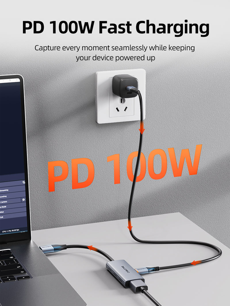 DMI to USB/USB C capture card charging your laptop with 100w power