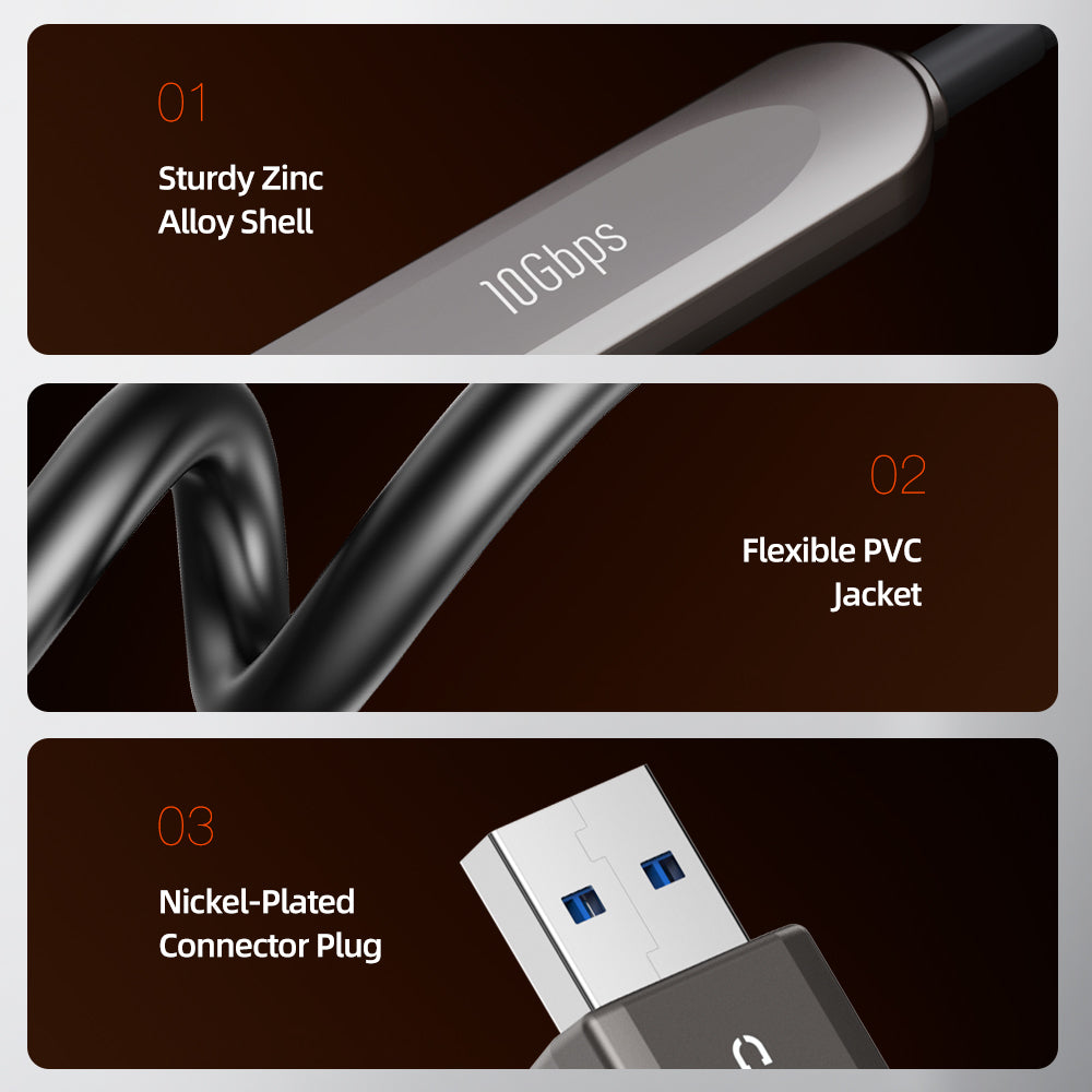 كابل USB-A إلى USB-C نشط من الألياف الضوئية بسرعة 10 جيجابت في الثانية، كابل بيانات USB 3.2 طويل المسافة للكاميرا، والواقع الافتراضي، واستخدام المؤتمرات الصناعية