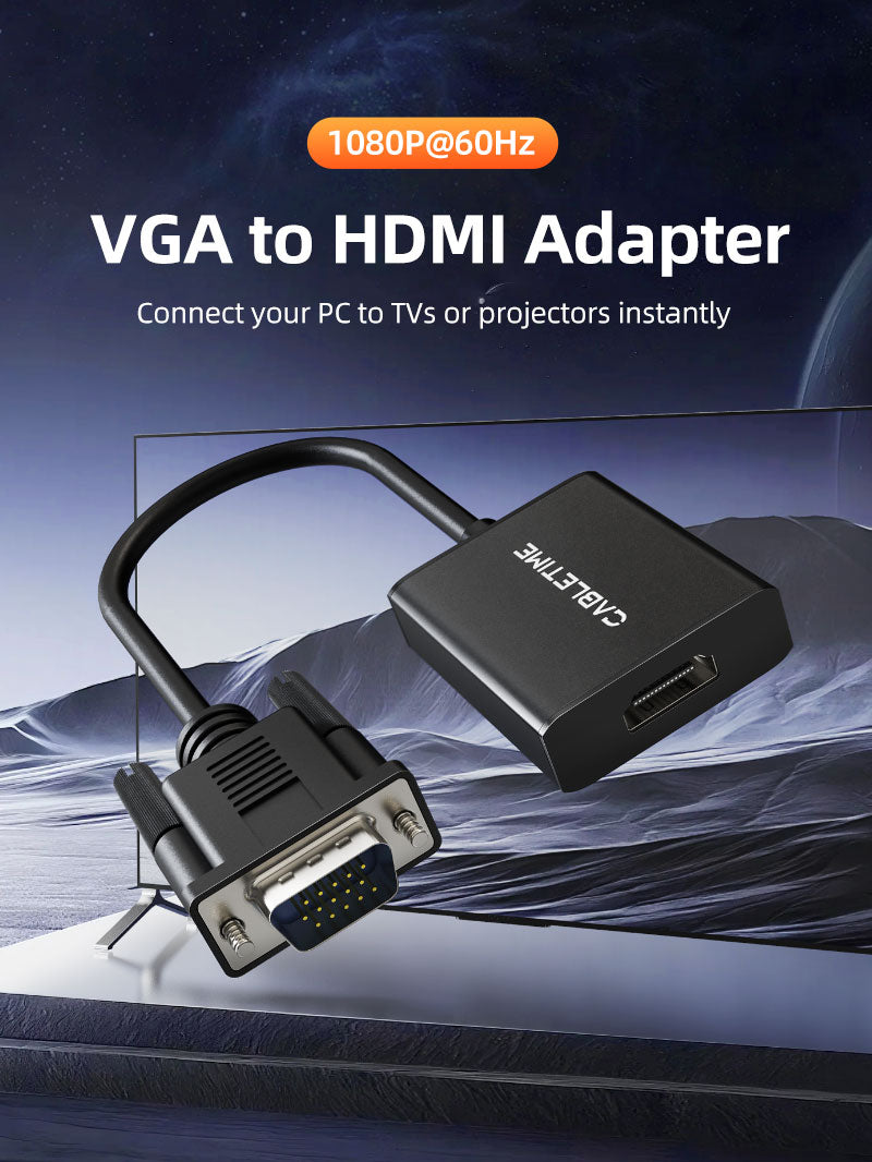 active VGA to HDMI converter with VGA cable, HDMI cable, and 3.5mm audio cable connected to PC and monitor