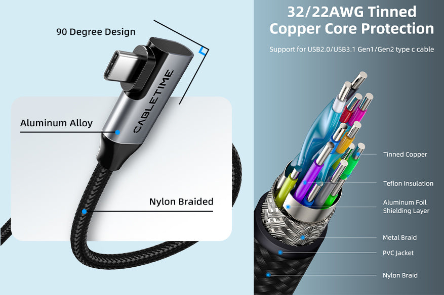 90 degree design usb c cable with dureable aluminum alloy shell and nylon braided jacket