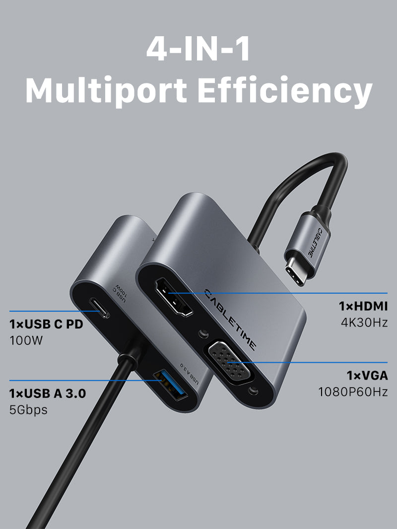 USB Type C to HDMI VGA Adapter 4 IN 1 Hub with Power Delivery 