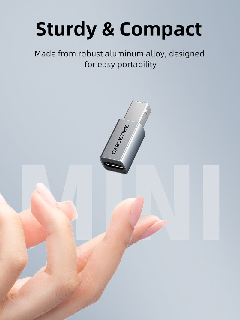 usb type b to c adapter is made from robust aluminum alloy, designed for easy portability.