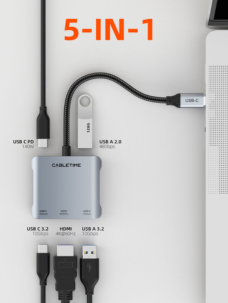 10 Gbps 5 IN 1 USB C Hub med HDMI 4K 60Hz 140w strømforsyning