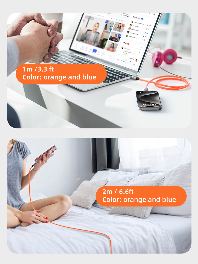 1m 2m length orange and blue 240w usb c to usb c fast charge cable 