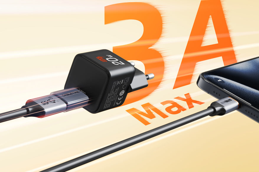 USB-C to USB-A adapter connected to a 20W charger and smartphone, demonstrating 3A max fast charging capability.